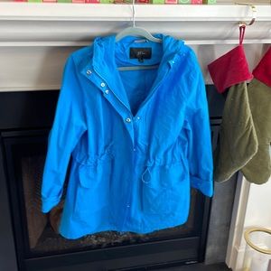 J. Crew Perfect Raincoat Hooded Pockets Bright Watercolor Sky Blue Large